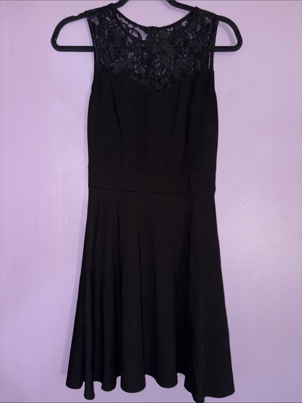 Sleeveless Black Fit-and-Flare Dress with Lace Yoke